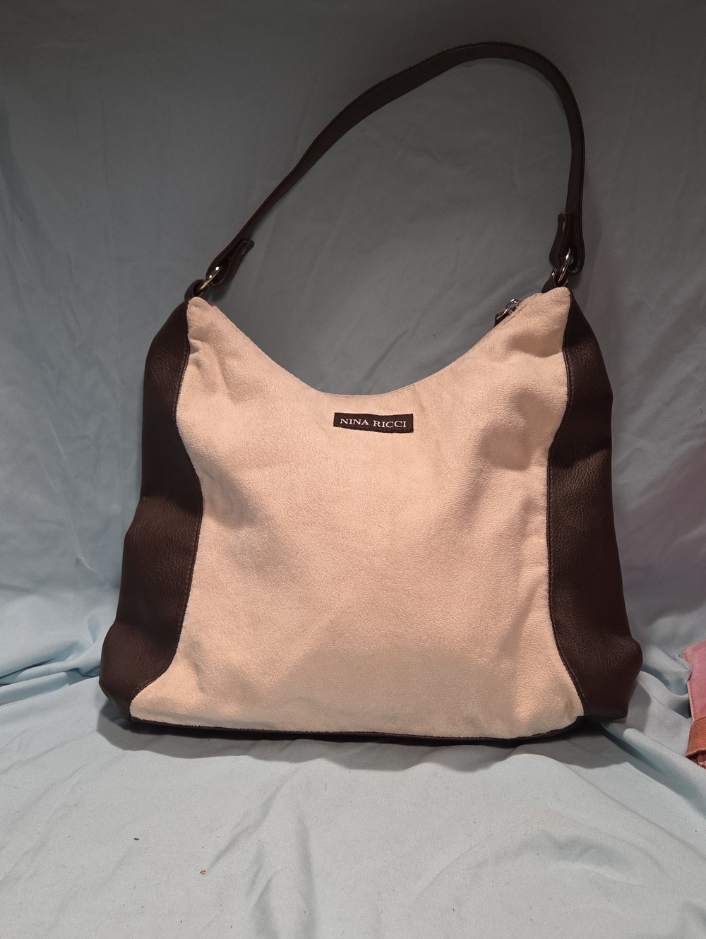 Vintage Nina Ricci Fragrance Promo Hobo Bag Cream Faux Suede & Brown Trim 13"